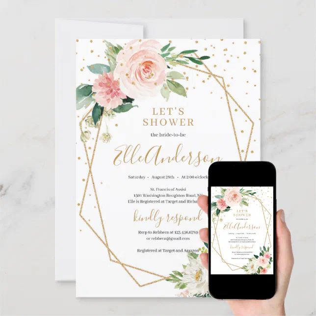 Blush Pink Floral Gold Geometric Frame Bridal Invitation Zazzle