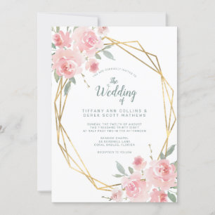 Blush Pink Floral Gold Geometric Frame Wedding Invitation