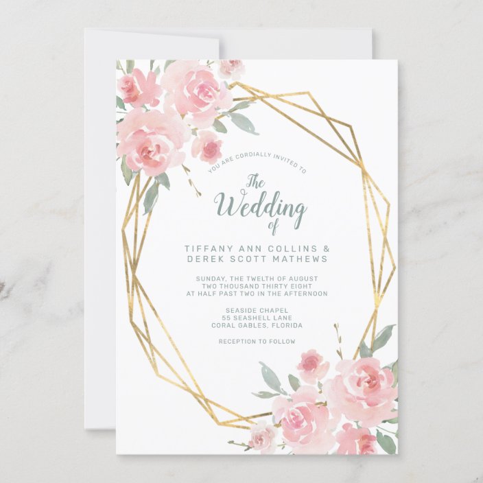 Blush Pink Floral Gold Geometric Frame Wedding Invitation Zazzle