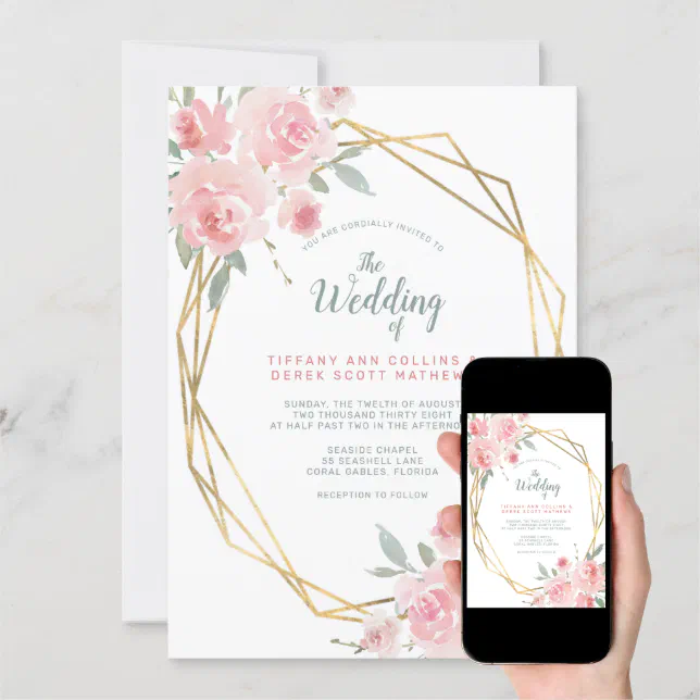 Blush Pink Floral Gold Geometric Frame Wedding Invitation Zazzle