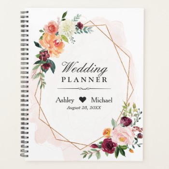 Blush Pink Floral Gold Geometric Frame Wedding Planner by CardHunter at Zazzle