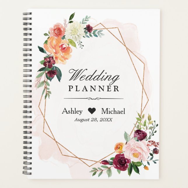 Blush Pink Floral Gold Geometric Frame Wedding Planner (Front)