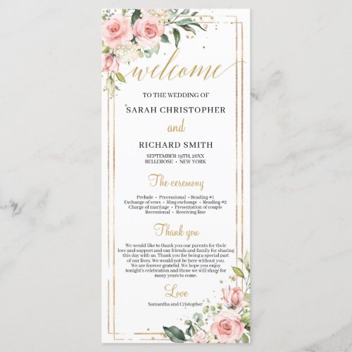 Blush pink floral Gold geometric frame wedding Program