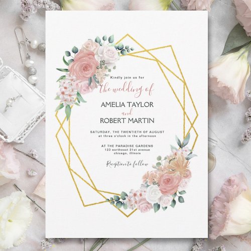 Blush Pink Floral Gold Geometric Invitation