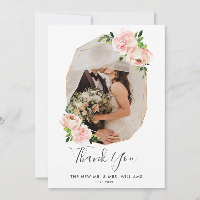 Blush Pink Floral Gold Geometric Photo Wedding Thank You Card | Zazzle