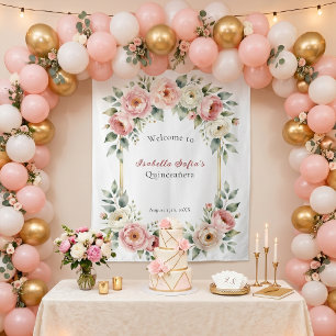Blush Pink Floral Gold Geometric Quinceañera Tapestry