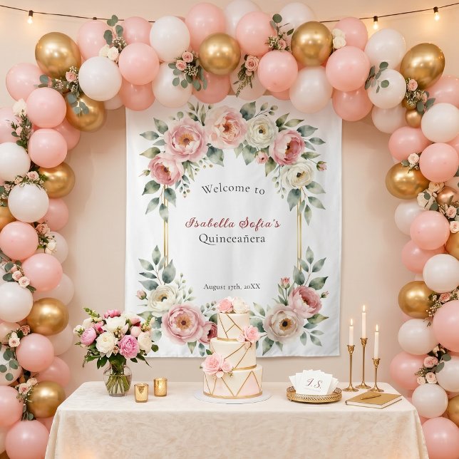 Blush Pink Floral Gold Geometric Quinceañera Tapestry (Creator Uploaded)