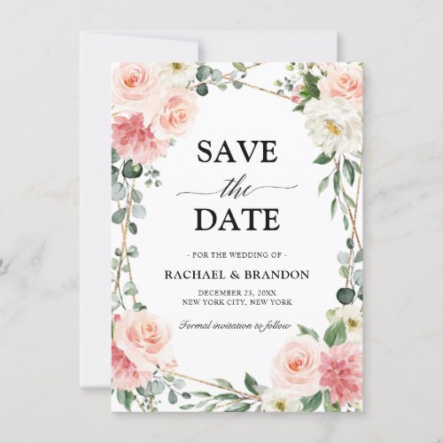 Blush Pink Floral Gold Geometric Save the Date