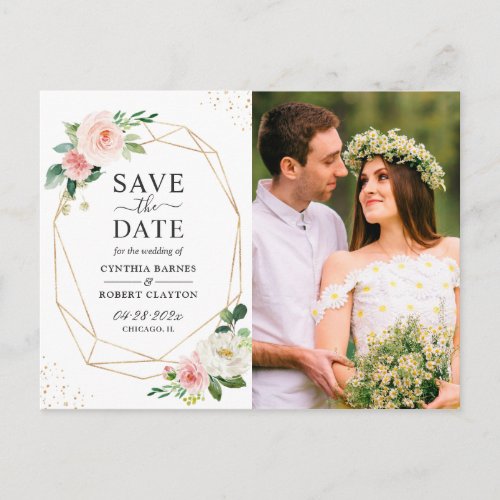 Blush Pink Floral Gold Geometric Save the Date Postcard