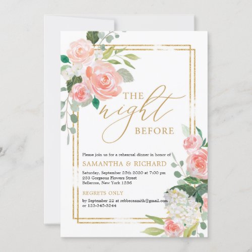 Blush pink floral gold geometric the night before invitation