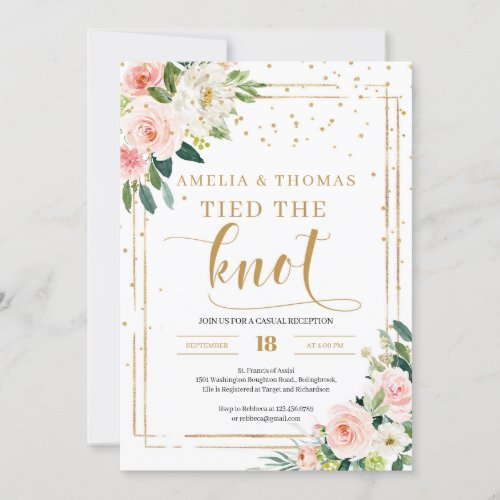 Blush pink floral gold geometric tied the knot invitation