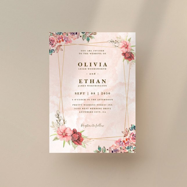 Blush Pink Floral Gold Geometric Wedding Invitation (Creator Uploaded)