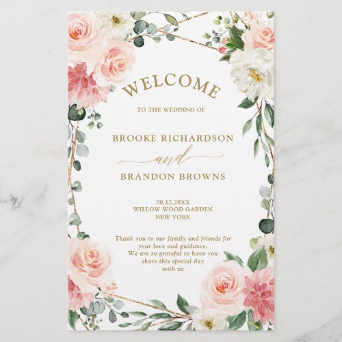 Blush Pink Floral Gold Geometric Wedding Program