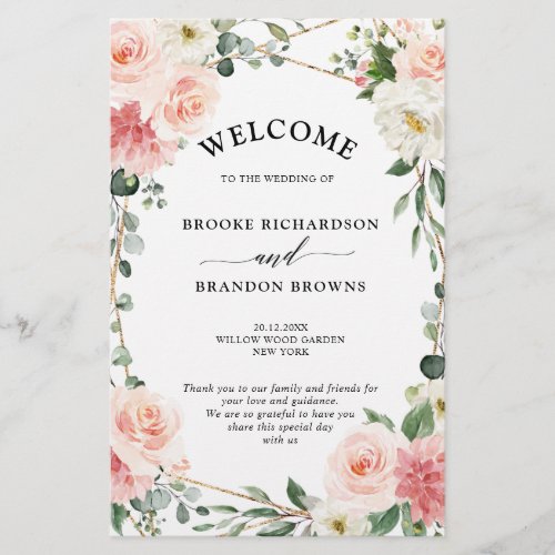 Blush Pink Floral Gold Geometric Wedding Program