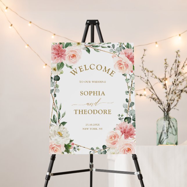 Blush Pink Floral Gold Geometric Wedding Welcome F Foam Board (In Situ (Stand))
