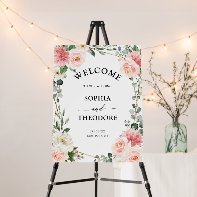 Blush Pink Floral Gold Geometric Wedding Welcome Foam Board (In Situ (Stand))