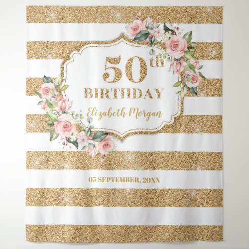Blush pink floral gold glitter 50th birthday tapestry