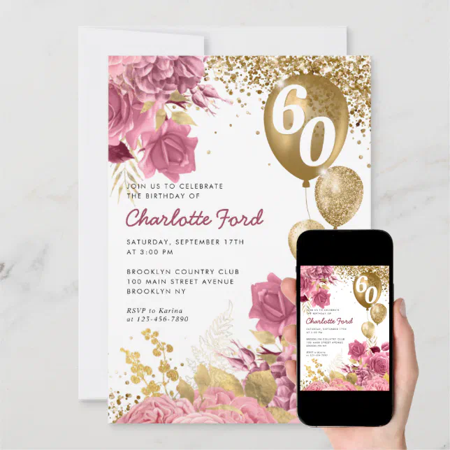 Blush Pink Floral Gold Glitter Balloons Birthday Invitation Zazzle