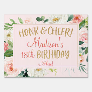 Blush Pink Floral Gold Glitter Birthday Car Parade Sign