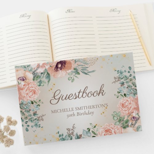 Blush Pink Floral Gold Glitter Birthday Guestbook