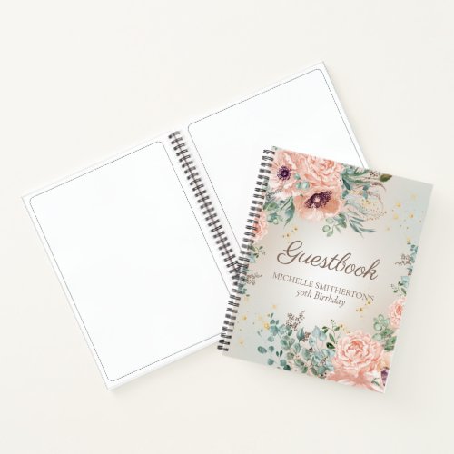 Blush Pink Floral Gold Glitter Birthday Guestbook Notebook