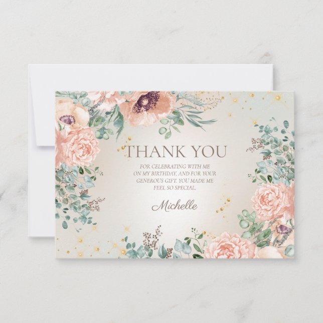 Blush Pink Floral Gold Glitter Birthday Thank You (Front)