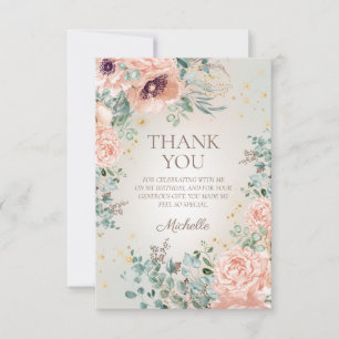 Blush Pink Floral Gold Glitter Birthday Thank You Card