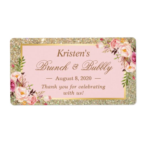 Blush Pink Floral Gold Glitter Brunch  Bubbly Label