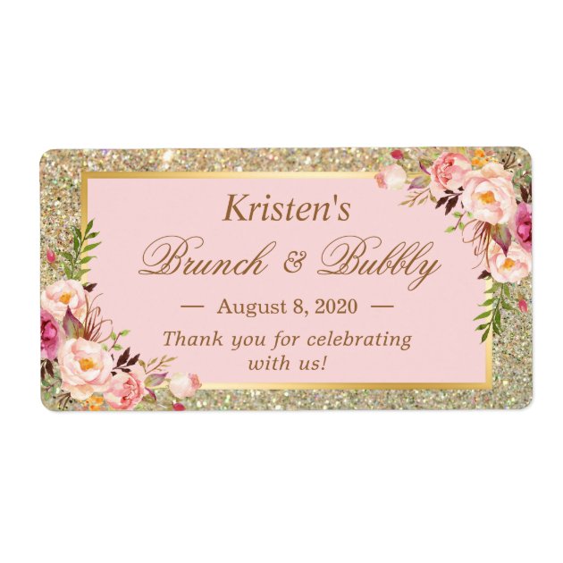 Blush Pink Floral Gold Glitter Brunch & Bubbly Label