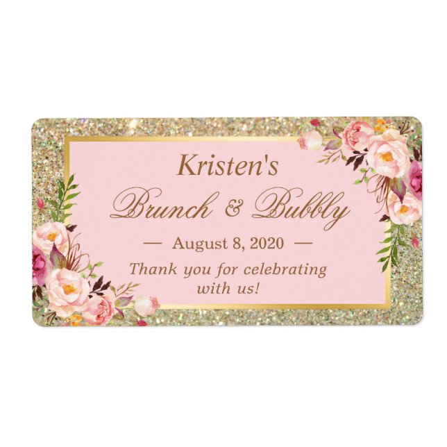Blush Pink Floral Gold Glitter Brunch & Bubbly Label (Front)