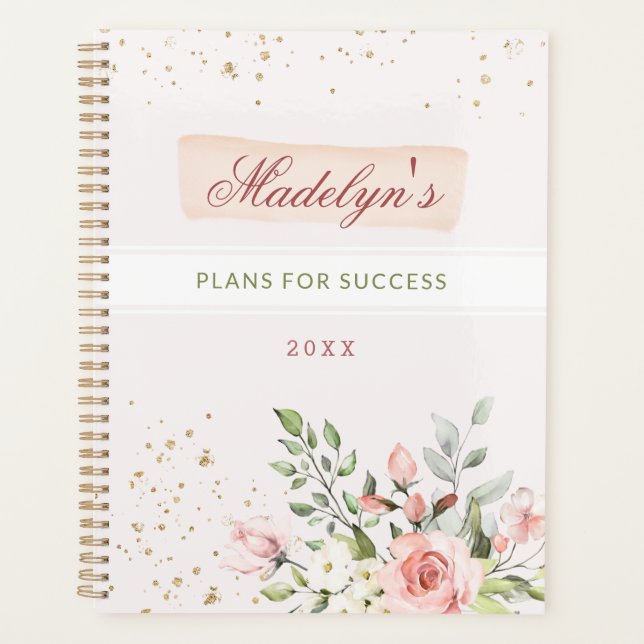 Blush Pink Floral Gold Glitter Custom Name Girl Pl Planner (Front)