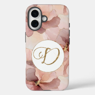 Blush Pink Floral Gold Glitter Letter D iPhone 16 Case