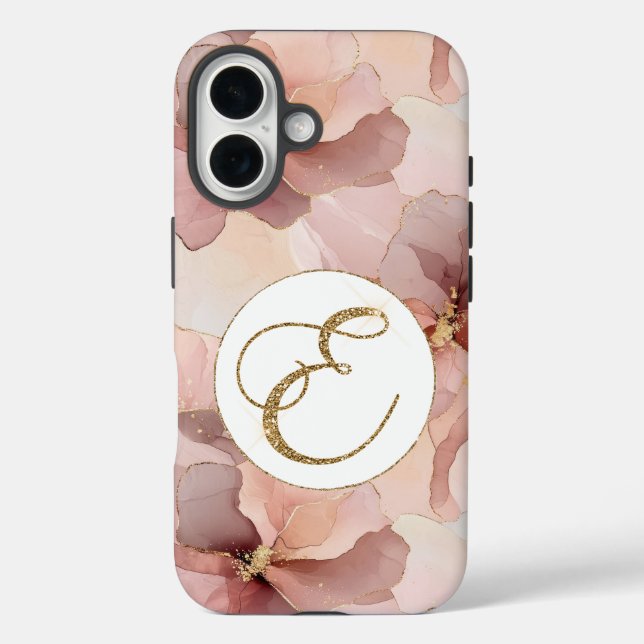 Blush Pink Floral Gold Glitter Letter E Case-Mate iPhone Case (Back)