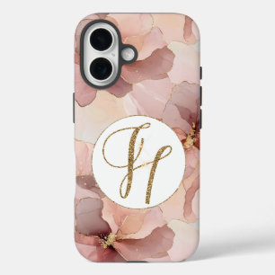 Blush Pink Floral Gold Glitter Letter H iPhone 16 Case