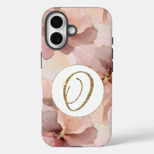 Blush Pink Floral Gold Glitter Letter O iPhone 16 Case