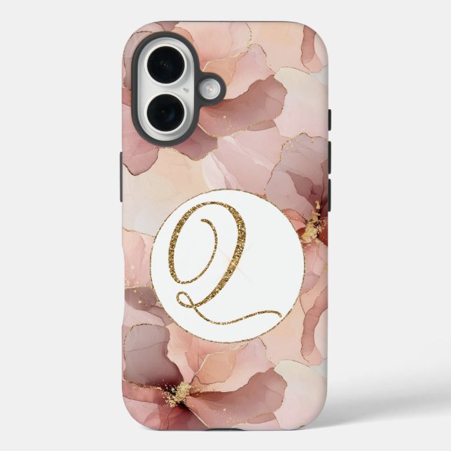 Blush Pink Floral Gold Glitter Letter Q Case-Mate iPhone Case (Back)