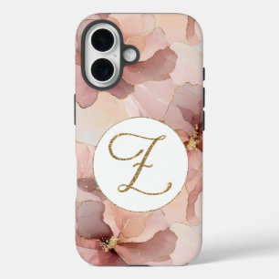 Blush Pink Floral Gold Glitter Letter Z iPhone 16 Case