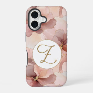 Blush Pink Floral Gold Glitter Letter Z iPhone 16 Case