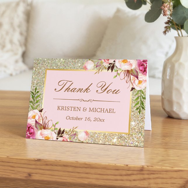 Blush Pink Floral Gold Glitter Sparkles Thank You (Creator Uploaded)