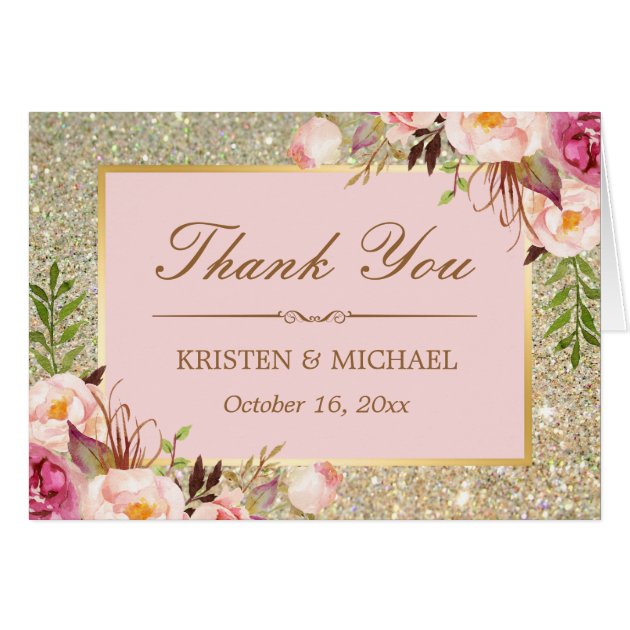 Blush Pink Floral Gold Glitter Sparkles Thank You Card