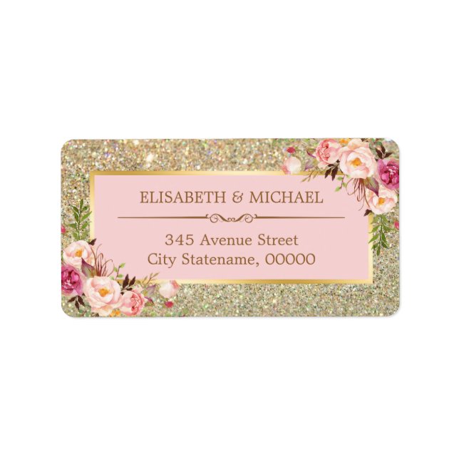 Blush Pink Floral Gold Glitter Sparkling Wedding Label (Front)