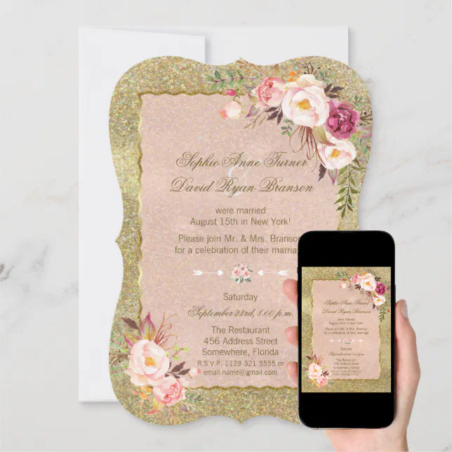 Blush Pink Floral Gold Glitter Wedding Evening Invitation Zazzle