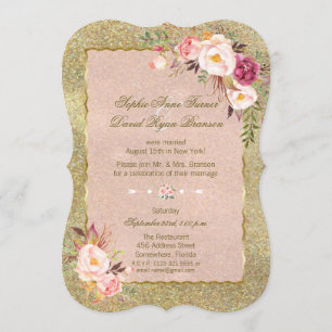Blush Pink Floral Gold Glitter Wedding Evening Invitation