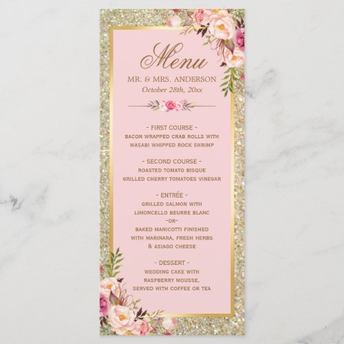 Blush Pink Floral Gold Glitter Wedding Menu