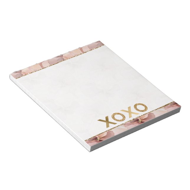 Blush Pink Floral Gold Glitter XOXO Notepad (Angled)