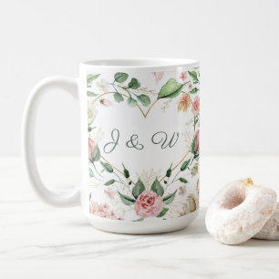 Blush Pink Floral Gold Heart Monogram Wedding Coffee Mug