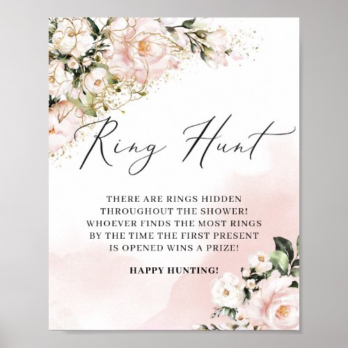 Blush Pink Floral Gold Leaves Ring Hunt Game Sign