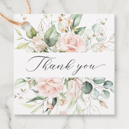 Blush Pink Floral Gold Leaves Thank You Wedding Favor Tags