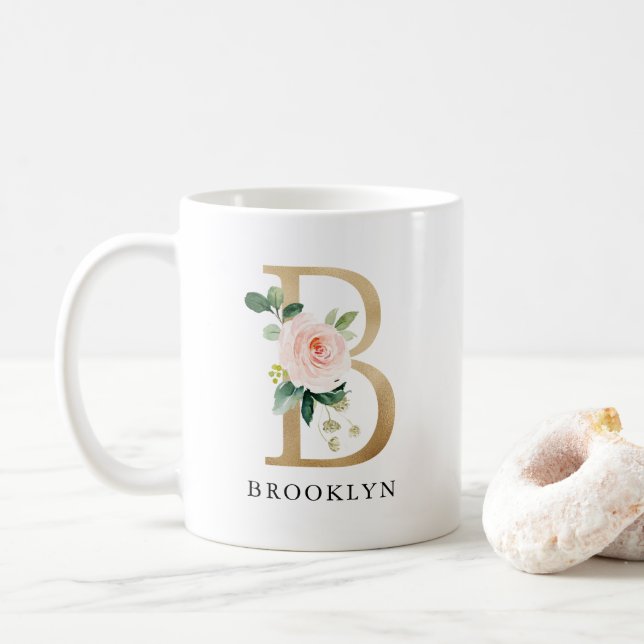 Blush Pink Floral & Gold Letter B Monogram Coffee Mug (With Donut)