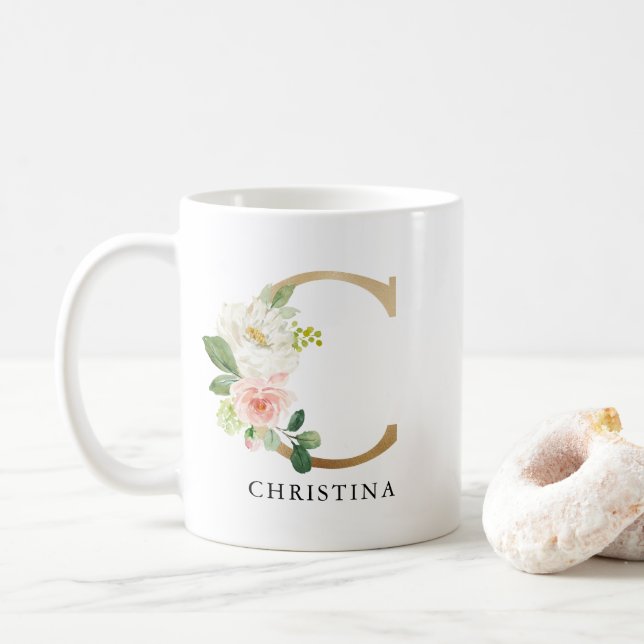 Blush Pink Floral & Gold Letter C Monogram Coffee Mug (With Donut)